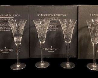 SET OF THREE WATERFORD MILLENNIUM COLLECTION CRYSTAL FLUTE GLASSES WITH BOXES
