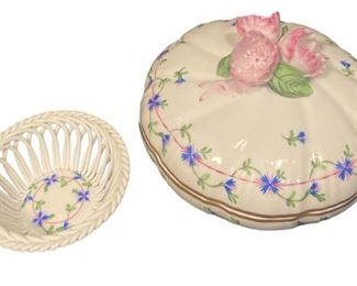 HEREND PORCELAIN FLORAL TRINKET JEWELRY BOX & BASKET
