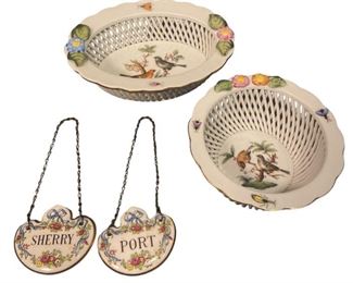 TWO HEREND PORCELAIN WOVEN BIRD BASKETS & STAFFORDSHIRE LIQUOR TAGS
