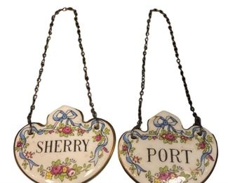 TWO HEREND PORCELAIN WOVEN BIRD BASKETS & STAFFORDSHIRE LIQUOR TAGS

