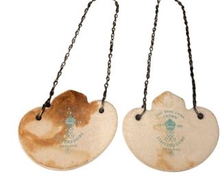 TWO HEREND PORCELAIN WOVEN BIRD BASKETS & STAFFORDSHIRE LIQUOR TAGS
