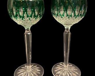 2PC WATERFORD CLARENDON EMERALD CRYSTAL HOCK WINE GLASSES
