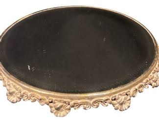 TWO ORNATE BRASS KNIFE EDGE BELEVED FLORAL & GRAPE LEAF MIRROR PLATEAUS
