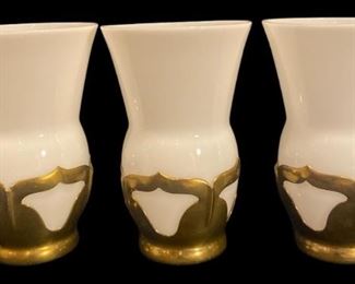 FARBER BROS KROME KRAFT BRASS & MILK GLASS PITCHER & GLASSES
