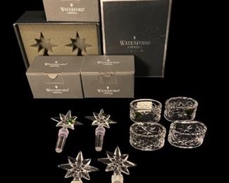 WATERFORD CRYSTAL BOTTLE STOPPERS AND NAPKIN RINGS WITH ORIGINAL BOXES
