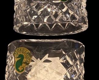 WATERFORD CRYSTAL BOTTLE STOPPERS AND NAPKIN RINGS WITH ORIGINAL BOXES
