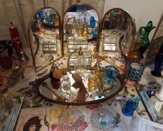 Vintage Hollywood Regency perfume tray, trifold table mirror, atomizer, and more.