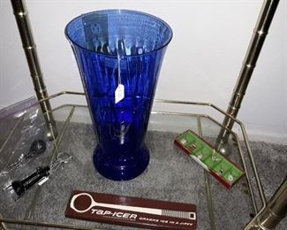 Cobalt blue glass vase and barware 