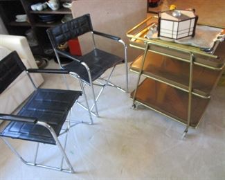 Mid Century chrome and leather chairs with mid century bar cart