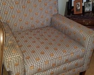 Pair of newly reupholstered accent chairs and one ottoman (plaid fabric with suns