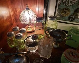 Vintage vaseline glass jars and containers