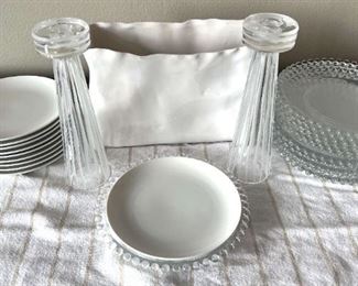 Salviati Glass Candle Holders, Candlewick Plates More