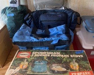 Camping Items - Vintage Propane Stove, Coolers, Picnic Set, Air Mattress