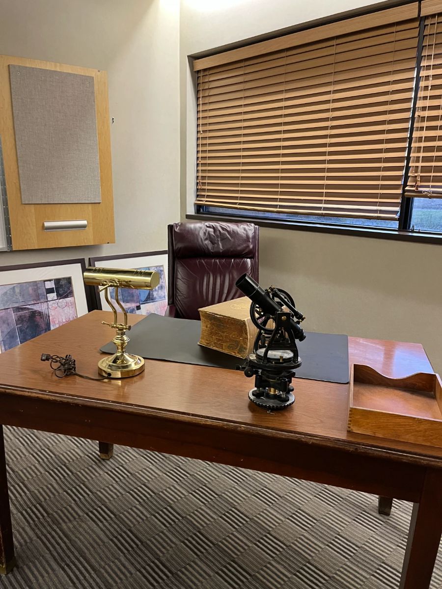 Vintage library table, executive chair, Websters 2nd Edition Dictionary