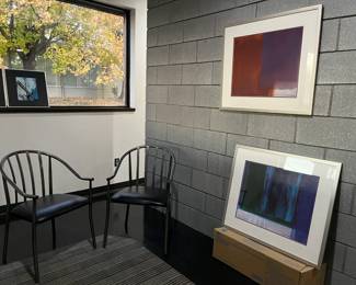Pair of Crate & Barrel chairs, artwork and frames