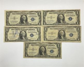 Five 1935 E $1 Silver Certificates
