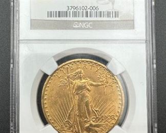 1908 No Motto Gold US $20 St. Gaudens NGC MS64