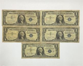 Five 1957 B $1 Silver Certificates