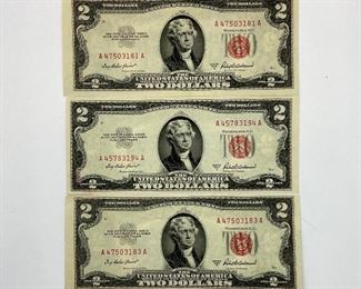 Three 1953A Red Seal $2 Legal Tender Notes