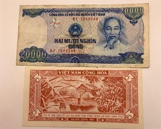 Vietnam 5 Dong Propaganda Note and 20,000 Dong Note
