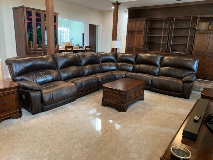 #1	Brown  Leather Bassett Sectional w/End Electric Recliners - 5 sections & 1 corner wedge - 97x136 L-Shaped	 $1,500.00 
