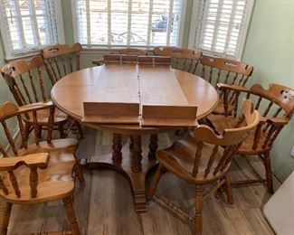 #2	Maple 4 pedistal Table w/2 leaves & 3 captains Chairs & 5 other chairs - 4'-72x29T - Very Sturdy and Heavy 	 $325.00 

