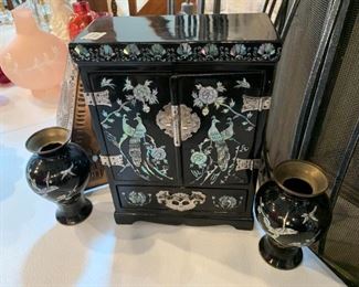 #12	Japanese Black Lacquer Jewelry Chest w/4 drawers & Mother of pearl Inlaid Birds - 8x4x11 w/2 Matching Vases   (as is lock)	 $80.00 
