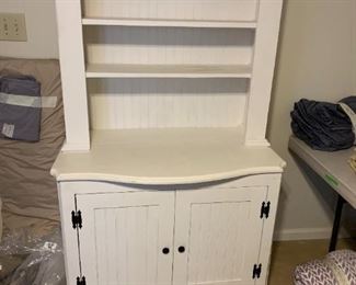 #20	White 2 shelf Cabinet w/ Beadboard Doors & 1 wood shelf bottom & Hutch Top - 1 piece (you move upstairs) - 37x19.5x62	 $125.00 
