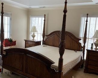 #32	King 4 post bedframe  by Keller fine furniture   (you move downstairs) - No slats (was used as frame for adj. bed)	 $325.00 
#33	Leggett & Plattn King Wallhugger adjustable mattress set  - King Size 	 $350.00 
