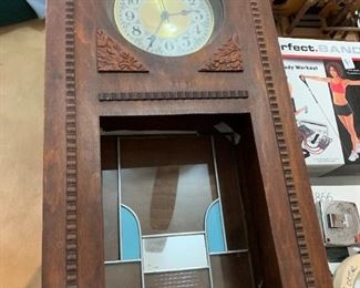 #42	Clock /leaded glass front (glass needs to be tacked in place) - homemade Case - Clock is battery Operated  - 13,5x25.5x6	 $75.00 
