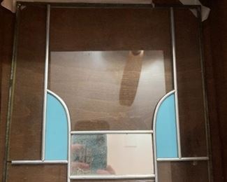 #42	Clock /leaded glass front (glass needs to be tacked in place) - homemade Case - Clock is battery Operated  - 13,5x25.5x6	 $75.00 
