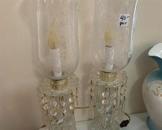 #49	Pair of Etched Hurricane Globe w/Glass Prisms & Base - Electric - 19.5"Tall	 $40.00 
