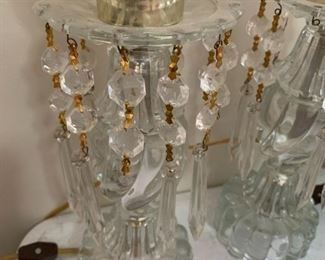 #49	Pair of Etched Hurricane Globe w/Glass Prisms & Base - Electric - 19.5"Tall	 $40.00 
