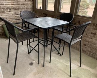 #84	Aluminum Tall Square Table w/umbrella Hole & 4 chairs  - 33 square x 39T  Chair Height - 28"Tall Chair Height	 $100.00 

