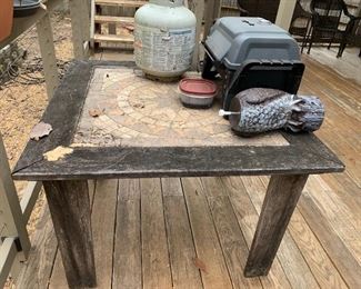 #100	Wooden Square Table w/tile top (as is condition)  42square x 30 - sturdy	 $30.00 
