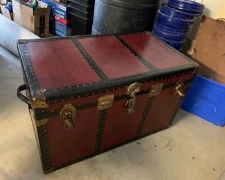 #117	Red VintageTrunk w/leather handles & tray inside w/black metal stays - 36x20x22	 $100.00 
