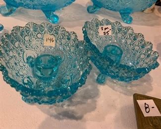 #146	Vintage Blue Daisy & Button pair of Footed Candle Holders	 $25.00 
