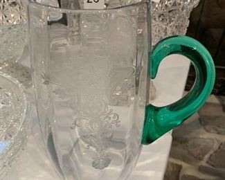 #149	cambridge glass Feransa pattern Etched Pitcher w/Green Handle 	 $20.00 
