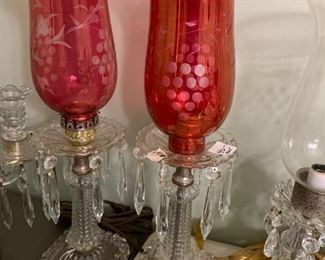 #176	Red Etched Hurricane Lamp w/Prisms Electric - 17" Tall	 $40.00 
