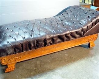 Antique Upholstered Button Tufted Chaise With Nailhead Trim On Casters, 26" x 31" x 74"
