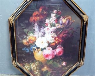 Framed Under Glass Floral Still Life, Unknown Artist, Octagon Frame, 32" x 26"
