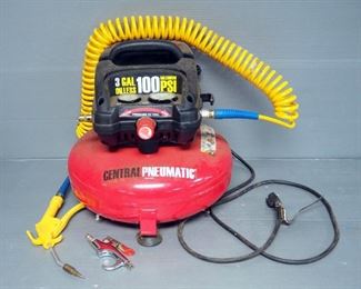 Central Pneumatic 3 Gallon Oilless Air Compressor, 100 Max PSI, Includes Hose, And 2 Air Nozzles, Powers On