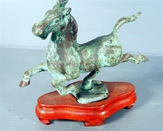 Flying Horse Of Gansu, Metal On Wood Stand, 7" Tall And Vintage Lidded Metal Tea Pot, 6" Tall