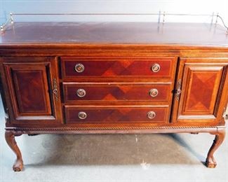 Vintage 3 Drawer, 2 Door Wood Buffet, Brass Toned Shelf Rail