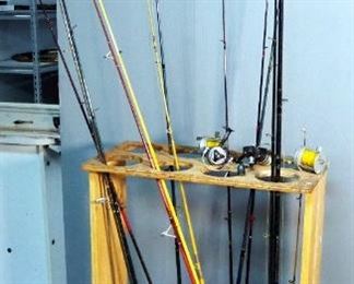 Fishing Rod And Reel Assortment Including Bait And Spin Cast, Shakespeare, Eagle Claw, Zebco, Pflueger, And More, With Handcrafted Wood Stand