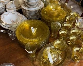 Yellow depression glass set, 2 other sets of china