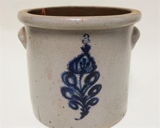 	ANTIQUE BLUE DECORATED 3 GAL CROCK, APPROXIMATELY 10 1/4 IN HIGH
