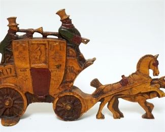 	ANTIQUE CAST IRON HORSE DRAWN COACH DOOR STOP, *LONDON ROYAL* APPROXIMATELY 7 1/4 IN X 12 IN
