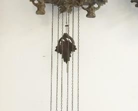 	ANTIQUE SESSIONS OAK CASE REGULATOR WALL CLOCK, NOTE CLAIMING IT ONCE HUNG IN WASHINGTON NJ LIBRARY, APPROXIMATELY 5 IN X 17 IN X 38 IN HIGH
