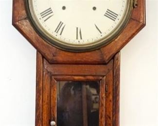 	ANTIQUE SETH THOMAS OAK CASE WALL CLOCK, APPROXIMATELY 16 IN X 32 IN HIGH
